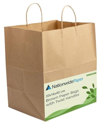 Nationwide Paper 200 st extra stora bruna papperspåsar, festpåsar, presentpåse, gör-det-själv, shoppingväska, bärväska och söta väskor med starka vridna handtag (30 x 14 x 40 cm)