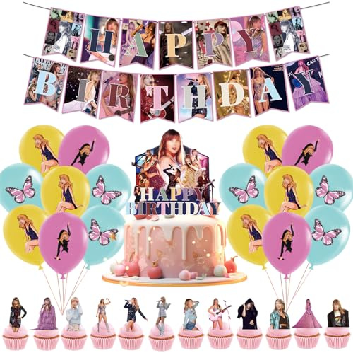 Birthday Party Decorations Supplies- Popular Birthday Balloons Star Theme Happy Banner Cupcake Toppers Latex Balloons Bunting Garland Hanging Party Favors for Kids Girls Boys Music Fans Support Goods