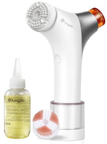 Kingdo 2-in-1 Facial Cleansing Brush with Smart Automatic Foaming, Electric Face Scrubber Silicone 2 Cleanser Heads & 4 Speeds Adjustable, IPX6 Waterproof Makeup Remover Face Brush for All Skin Types
