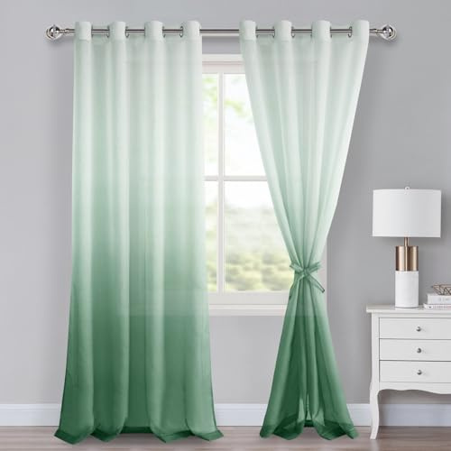 XWZO Voile Gardinen mit Ösen Vorhänge Farbverlauf Vorhang Sheer Ombre Gardinen 2 er Set für Schlafzimmer und Wohnzimmer Schlaufengardinen mit Raffhalter H245xB140cm Salbeigrün