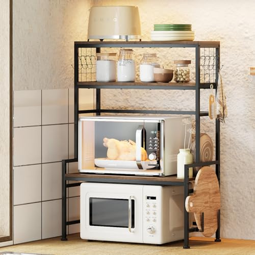 Tohomeor Bakers Microwave Oven Rack Kitchen Countertop Organizer Stand Spice Rack with Adjustable Shelf and 10 Hooks,Wooden Counter Organizer Stand with Cutting Board Holder (Rustic Brown)