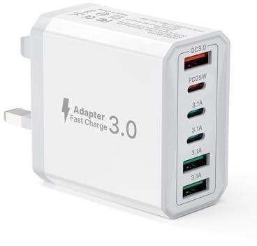 USB C Plug, 6-Port 40W Multi USB Charger Plug UK with Power Adapter +QC Wall Plug Multiport Mains, 3 Type C+3 USB A Ports Charging Plug for iPhone 16 15 14 13 12 11 Pro Max Plus XS XR SE,Samsung, iPad