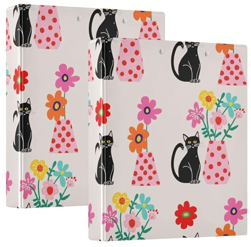 Custom Cute Black Cats Floral Beige 1 1/2 Inch 3 Ring Binders Hold 200 Sheets Folders Notebook Print Round Ring View Binder, 12.4x10.63x2.36inch, 1 Pack