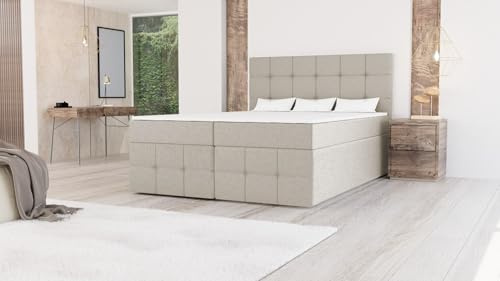 EURO-MOEBEL Bett Doppelbett Boxspringbett FARO Premium mit Topper T25 + 2 Bettkästen, H3 (Beige: Aura 01, 180 x 200 cm)