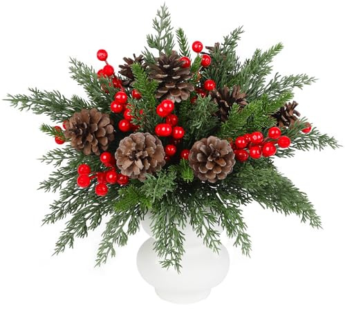 Songjum 60 Stück Weihnacht Künstliche Kiefer Zweige Dekorative Zweige mit Roten Beeren Natürliche Kiefernzapfen Kunststoff Weihnachtsdeko Für DIY Kranzen Weihnachtshäuser Esstische Party Dekoration