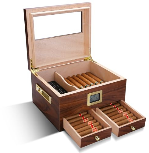 CIGARLOONG Cigar Humidor, Equipped with Hygrometer and Humidifier, Double Laye Cedar Cigar Box with 2 Drawers Compartments for Storage, Can Hold Up to 45 Cigars, Gifts for Men