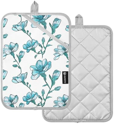 Presine da cucina alla moda disegnate a mano fresia ciano presine con tasche guanti da forno confezione da 2