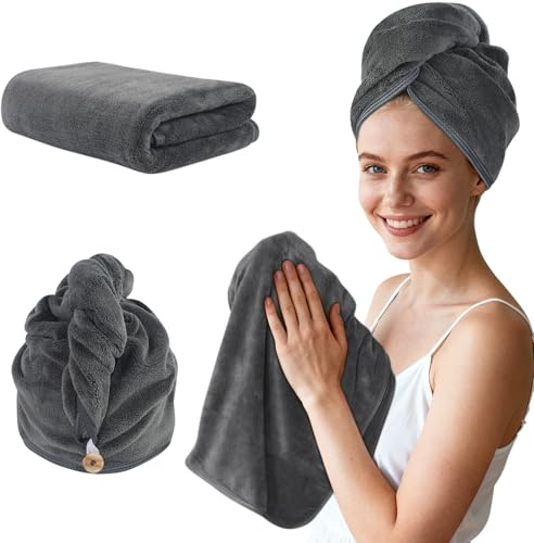 KinHwa 50x100cm Mikrofaser Handtuch+ 30x70cm Turban Handtuch mit Knopf | saugstark, fusselfrei, weich, schnell trocknend, mit Aufhänger, für Haare und Körper