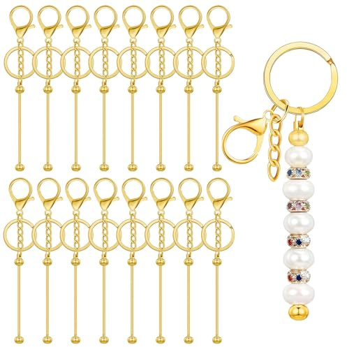 QITIXI:OU 16 Stück Perlen Schlüsselanhänger Stangen, Blanko Metall Rohlinge Schlüsselanhänger Streifen für Frauen & Männer DIY, Schmuckherstellung, Anhänger, Basteln, Charms, Zubehör(Gold)