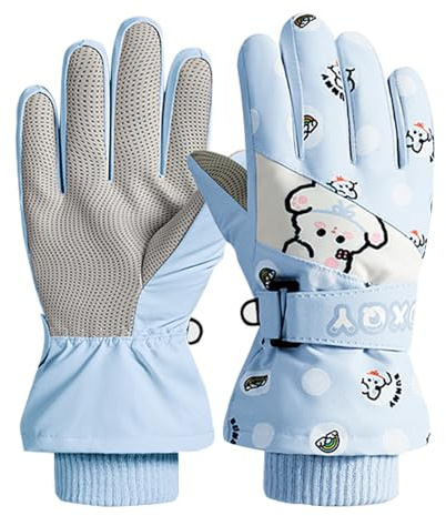 Jupsk Kids Winter Ski Gloves Waterproof Anti Slip Plush Thermal Snowboard Gloves Rabbit Mittens for Children Girls Boys Age 4-7 (Blue)
