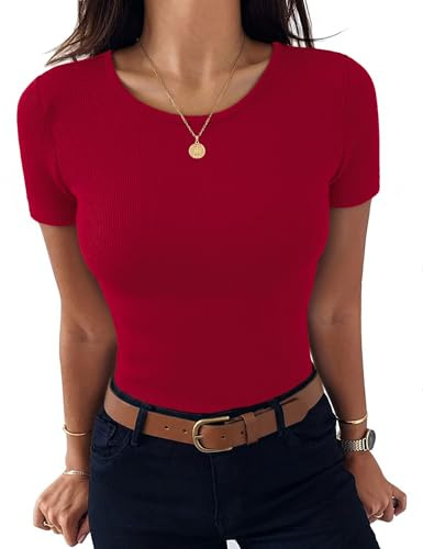 Aottori T-Shirt Donna Manica Corta Girocollo Costine Slim Fit Estiva | Maglietta, Basic Top, Elasticizzato, Elegante, Aderente, Tinta Unita, Stile Casual per Tempo Libero
