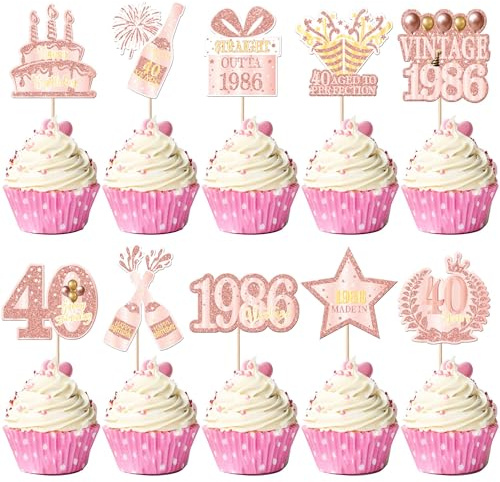 SYKYCTCY 40 Pack Happy 40th Birthday Cupcake Toppers Glitter Hello Forty 40 Fabulous Cupcake Picks Cheers to 40 Years Cake Decorations for Happy Birthday Party Supplies
