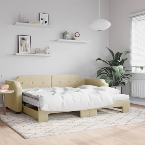 Frdhee Boxspringbett Doppelbett,Tagesbett Ausziehbar mit Matratzen Creme 80x200 cm Stoff für Kleine Räume, Schlafzimmer,Einfache Montage