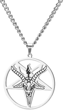 Dreamtimes Collana con pendente a forma di testa di capra di Baphomet e pentagramma rovesciato per uomo e donna, in acciaio inossidabile, simbolo gotico satanico, gioiello amuleto (Argento)