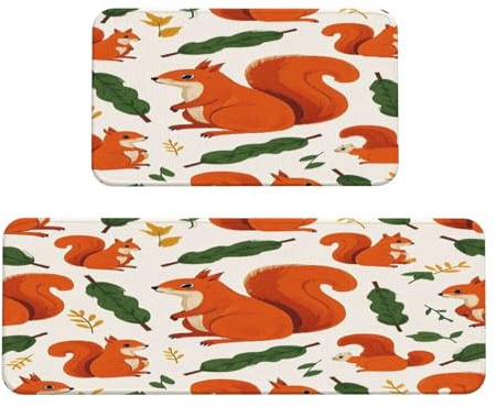 Vibrant Squirrel Print Kitchen Rugs Set of 2, Cushioned Anti-Fatigue Kitchen Mats for Floor, Waterproof Comfort Standing Mat Absorbent Velvet Kitchen Runner Rugs 17x30+17x47