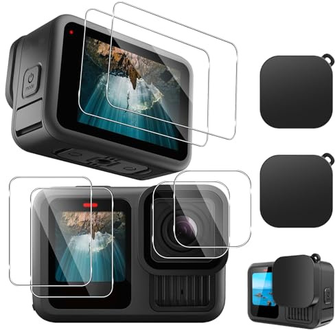 DONFORTLY Film Protettivo per Obiettivo e Coperchio Protettivo per GoPro Hero 13 – 9H Vetro Temperato per Schermo e Obiettivo, 2 Pezzi di Copri Obiettivo e 2 Set di Pellicole Protettive LCD