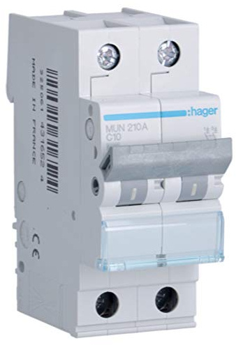 Hager MUN210A Interruptor Automático Magnetotérmico Serie MU, 2P, 10A, curva C, 6KA
