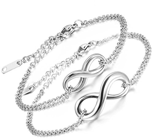 Aroncent 2-er Armband Infinity Armkette Damen Gliederarmband Partnerarmbänder Verstellbar Fußkettchen Edelstahl Armreifen Fußkette Freundschaftsarmband, Silber