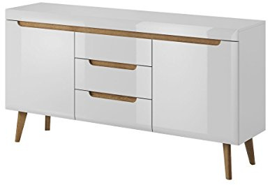 Furniture24 Kommode Sideboard NORDI in Skandinavische Stil (Weiß/Weiß Hochglanz)