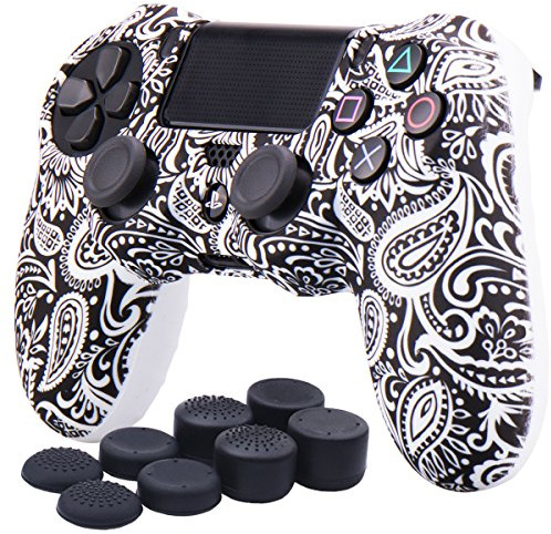 YoRHa Wasser Transfer Druck Blumen Silikon Hülle Abdeckungs Haut Kasten für PS4/slim/Pro Controller x 1 (Weiß) Mit Pro aufsätze Thumb Grips x 8