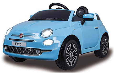 JAMARA 460444 – Ride-on FIAT 500 12 V – 2 kraftfulla drivmotorer och batteri för lång körtid, ljus på/av, LED-strålkastare, bakljus, minneskortsplats, AUX-/USB-port, tupe, blå