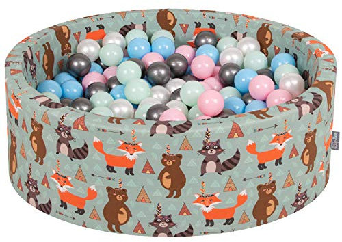 KiddyMoon Rund Bällebad Bällepool 90X30cm/200 Bälle ∅ 7Cm Ballgruben Mit Bunten Bällen Für Babys Spielbad Kleinkinder, Hergestellt In Der EU, Füchse-Grün:Perle/Rosa/Babyblau/Mint/Silbern