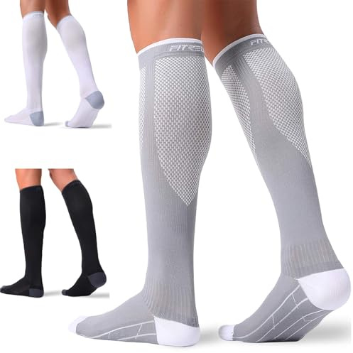 FITRELL 3 Pairs Compression Socks for Women and Men 20-30mmHg- Circulation and Muscle Support Socks for Travel, Running, Nurse, Knee High, Medical Black+White+Grey Small-Medium