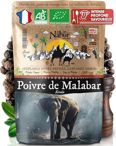 Nabür - Poivre Noir de Malabar BIO 400gr Poivre du Tigre Kérala, Gourmet de Malabar | Poivre d'Inde Authentique, Fruité, Notes fumés