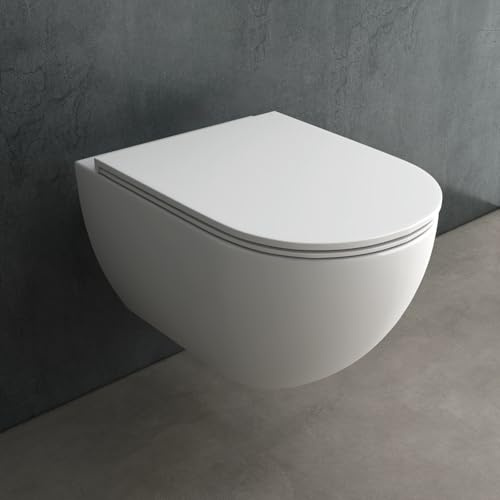 Alpenberger Hänge WC Spülrandlos | Toilette mit Nano | Tiefspüler Wand WC | Duroplast Toilettendeckel mit Absenkautomatik - Slim Sitz | Keramik Kloschüssel für Bad & Gäste WC | Passend Geberit
