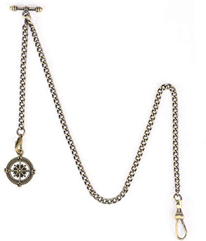 ManChDa Albert Chain Pocket Watch, T-bar with Compass Pendant, Curb Link 2 Hook Antique Fob T Bar for Men(Bronze)