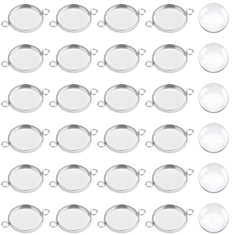 UNICRAFTALE 100 Stück Edelstahl Cabochons Verbinder Parameter Anhänger Cabochons Tabletts 14 mm Ohrring Brille Tabletts flach rund mit Glassteinen für Schmuck