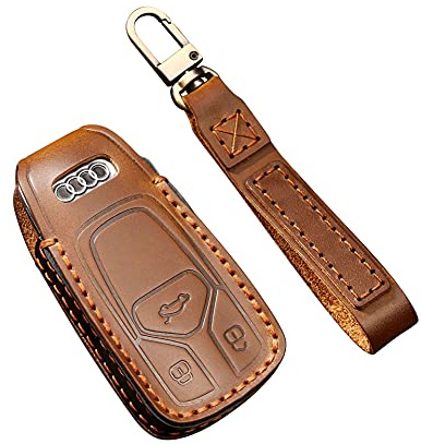 HIBEYO For Audi Key Fob Cover Premium Leather Full Protection Key Fob Case for Audi A4 A5 Q7 Q5 TT TTS S4 S5 RS4 RS5 Keyless Entry 3 Button Car Key Smart Keychain (brown