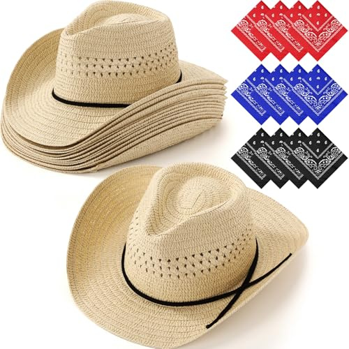 SATINIOR 12 Set Stroh Cowboyhüte mit Bandanas Party Pack Cowboyhut Kostüm Bandanas für Head Western Party Cowboy Zubehör, braun, rot, schwarz, Einheitsgröße