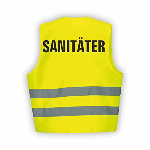 Fassbender-Druck WARNWESTEN - Sicherheitsweste GELB Warnweste nach EN ISO 20471 zertifiziert - Warn Weste SANITÄTER - Unisex mit hochwertigem Reflektorstreifen (GELB I 3XL/4XL I 3er Set)