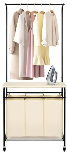MYOYAY 3 Section Laundry Sorter with Garment Hanging Bar Rack Foldable Ironing Board, Laundry Basket Organizer Heavy Duty Laundry Hamper Rolling Cart with Lockable Wheels and 3 Removable Bags