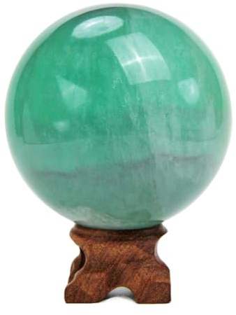 KINO 60mm Green Fluorite Crystal Quartz Sphere with Wood Stand Natural Crystal Healing Mineral Love Stone Ball Divination Sphere Collection(Green Fluorite, 60mm)
