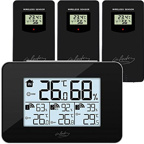 infactory Aussensensor: Funk-Wetterstation mit 3 Funksensoren für innen & außen, LCD-Display (Wetterstation mehrere Sensoren, Thermometer mit mehreren Sensoren, Funksensor)