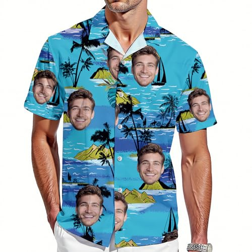 Custom Hawaiian Shirt with Face for Men Women Personalized Funny Mens Hawaiian Shirts Button Down with Photo Picture Short Sleeve Tropical Aloha Flamingo Beach Shirts Gifts for Boyfriend Husband