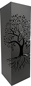 DRW Quadratischer Schirmständer aus Metall, schwarz, durchbrochen, Baum des Lebens, 15,5 x 15,5 x 49 cm, mit Haken für kleine Regenschirme