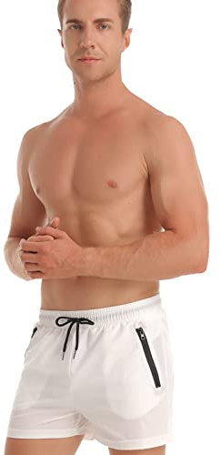 TMEOG Herrbadbyxor, badshorts, poolbadbyxor, sportshorts boxershorts, kort, hav, korta surfshorts för män med ficka och dragsko, Vit, M