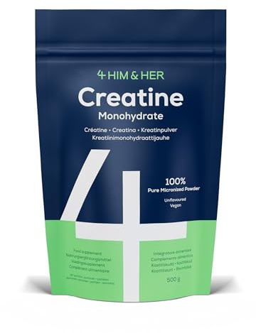 4 HIM & HER Créatine Monohydrate Poudre, 99,9% Pure – Créatine Micronisée 200 Mesh – 500 g (147 doses) – Sans arôme, Vegan
