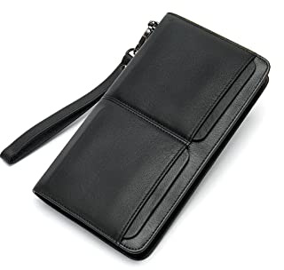 PORRASSO Leder Geldbörse Herren Clutch Tasche Kreditkartenetui Brieftasche Handytasche Portemonnaie mit 11 Kartenfächern Schwarz