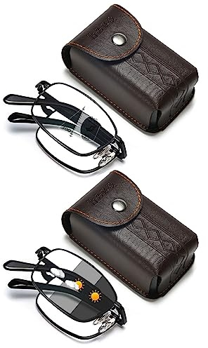 Lanomi Faltbare Gleitsicht Lesebrille Herren Damen Klappbar Selbsttönende Gleitsichtbrille Progressive Multifokus Lesehilfe Blaulichtfilter Photochromic Sonnenlesebrille mit Etui 2 Stück Schwarz 1.5