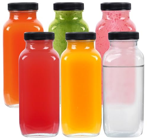 Winter Shore 475ml Bottiglie Vetro con Tappo per Succo [Pacco da 6] - Bottiglie Acqua Riutilizzabili - Bottiglie Vetro per Acqua, Bevande, Succhi, Latte, Tè Freddo, Miele, Frullati, Boba, Kombucha