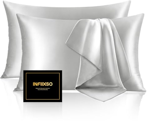 INFIIXSO Silk Pillow Cases 2 Pack Standard Size, Ultra Smooth & Soft Mulberry Silk Pillow Case for Hair and Skin, Breathable Cooling Silk Pillowcase with Hidden Zipper (Light Grey, 20x26 Inches)
