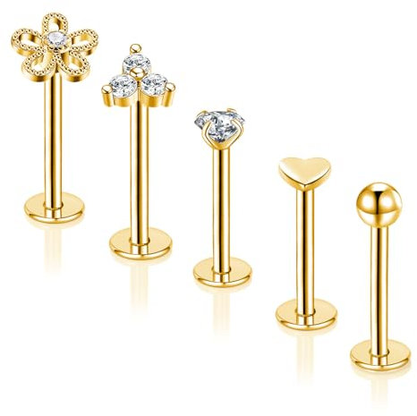Gojewen 5stk Lippenpiercing Labret Stecker 10mm Chirurgenstahl Piercing Helix Lippe Monroe Medusa Studs 16G Gold Herz