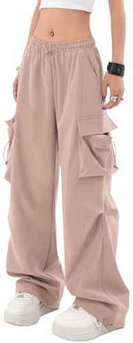 Xinor Pantalones cargo para mujer, Y2k, cintura alta, holgados, parachute, con bolsillos, adolescentes, niñas, pantalones de pierna ancha, ropa de calle, pantalones de ocio, Rosa., L