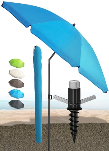 Menz SET Sonnenschirm Strand - Strandschirm mit Bodenhülse & Schutzhülle, Strandschirm UV-Schutz 50+, Strand schirm windfest stabil Ø 180 cm, Fb. Blau