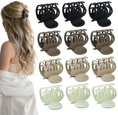 12 pinzas de doble fila de dientes de cuatro colores para el cabello fino para mujer, pinzas de pelo esmeriladas, pinzas de pelo resistentes, lindas pinzas de mandíbula para niñas, negro, beige, café,