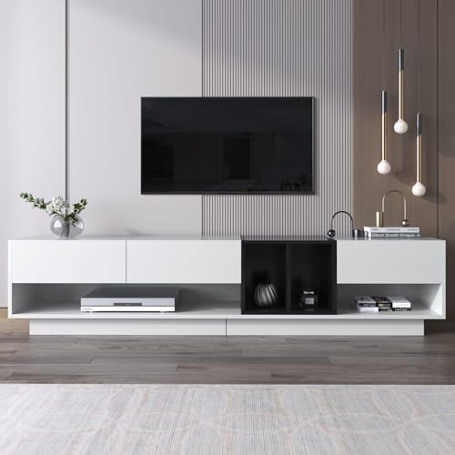 KOMHTOM Meuble TV Bas avec 3 tiroirs et étagères de Rangement Ouvertes Meuble télé, Meuble TV Blanc pour Salon et Chambre à Coucher